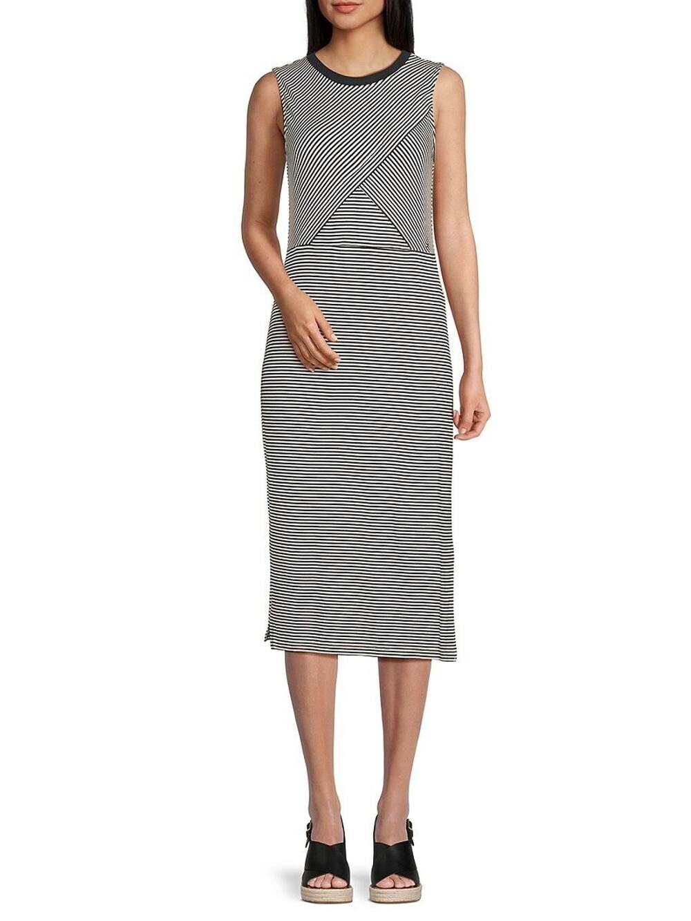 Tommy Hilfiger Midi Dress Women Medium Black White Striped Sleeveless Sheath NWT